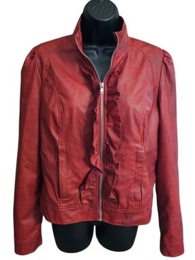 John Paul Richards MD Red Ruffle Faux Leather Zip Up Jacket